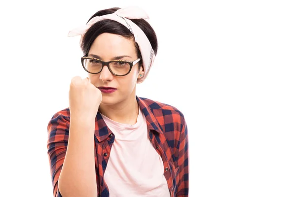 Portrait Young Pretty Pin Girl Wearing Glasses Showing Fist Gesture — Stock Photo, Image