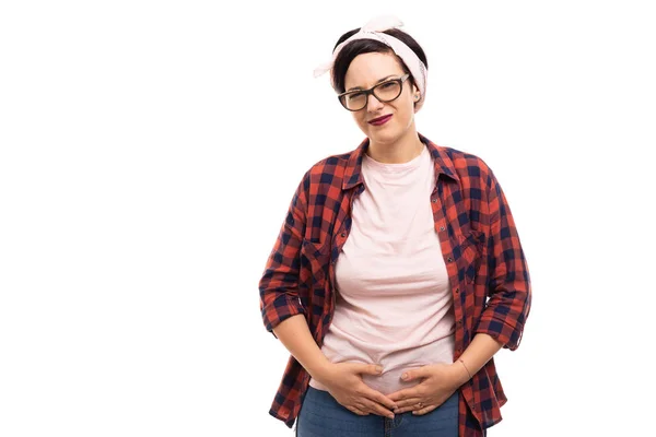 Portrait Young Pretty Pin Girl Wearing Glasses Showing Stomachache Gesture — Stock Photo, Image