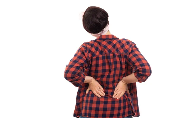 Back View Pin Girl Wearing Glasses Showing Back Pain Gesture — Stock Photo, Image