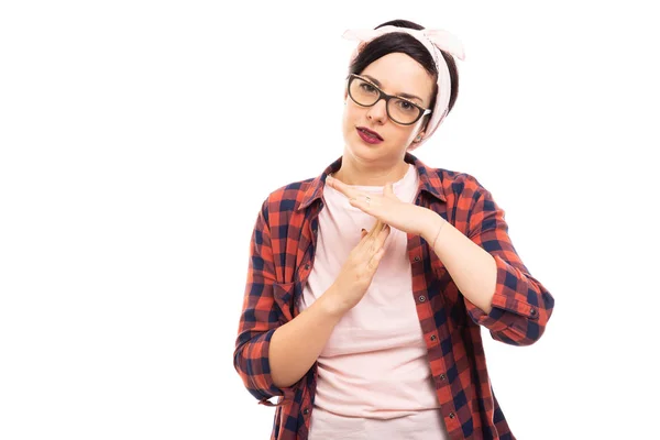 Junges Hübsches Pin Mädchen Mit Brille Die Auszeit Geste Auf — Stockfoto