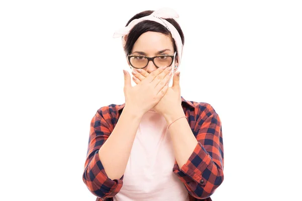 Portrait Young Pretty Pin Girl Wearing Glasses Covering Mouth Gesture — Stock Photo, Image