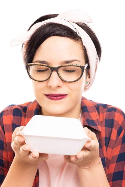 Close Young Pretty Pin Girl Wearing Glasses Smelling Lunch Box — Stock Photo, Image