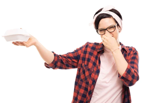 Portrait Young Pretty Pin Girl Wearing Glasses Opens Lunch Box — Stock Photo, Image