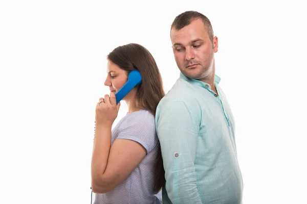 Side View Young Happy Couple Talking Blue Receiver Isolated White — Stock Photo, Image