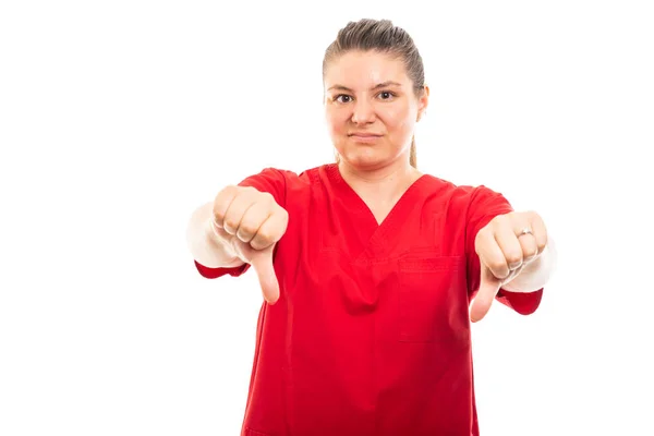Retrato Jovem Enfermeira Médica Vestindo Esfoliação Vermelha Mostrando Polegar Gesto — Fotografia de Stock
