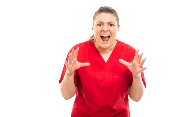 Portrait Young Medical Nurse Wearing Red Scrub Showing Screaming Gesture — Stock Photo, Image