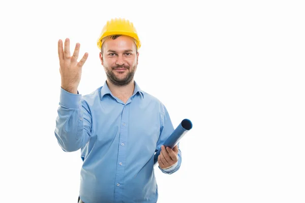 Portrait Young Architect Holding Blueprints Showing Number Four Fingers Isolated — Stock Photo, Image