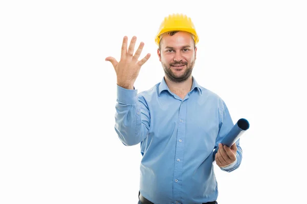 Portrait Young Architect Holding Blueprints Showing Number Five Fingers Isolated — Stock Photo, Image