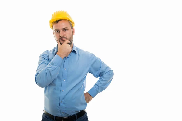 Portrait Young Architect Yellow Helmet Showing Reflecting Gesture Isolated White — Stock Photo, Image