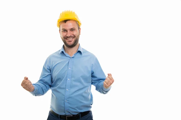 Retrato Jovem Arquiteto Com Capacete Amarelo Mostrando Gesto Vencedor Isolado — Fotografia de Stock