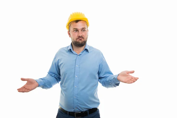 Portrait Young Architect Yellow Helmet Showing Don Know Gesture Isolated — Stock Photo, Image