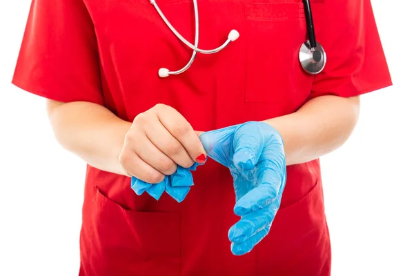 Nahaufnahme Einer Jungen Krankenschwester Mit Rotem Peeling Die Isoliert Auf — Stockfoto