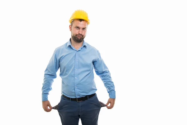 Retrato Del Joven Arquitecto Con Casco Amarillo Que Muestra Gesto — Foto de Stock