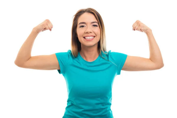 Portrait Young Pretty Girl Wearing Shirt Flexing Biceps Gesture Isolated — Stock Photo, Image