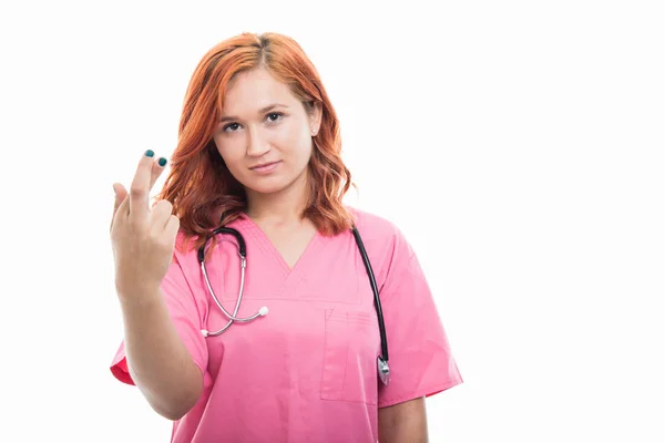 Retrato Una Joven Doctora Con Estetoscopio Mostrando Gesto Dedos Cruzados —  Fotos de Stock