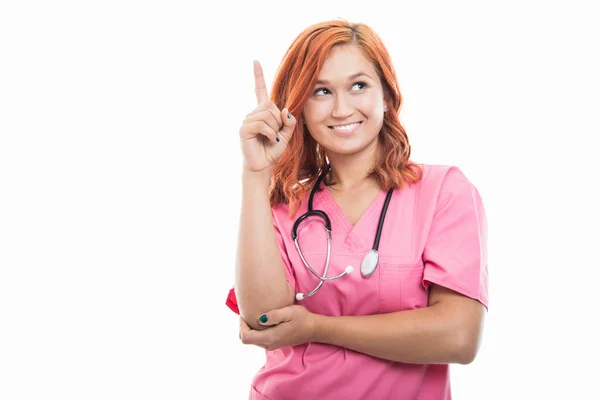 Retrato Una Joven Doctora Con Estetoscopio Que Muestra Gesto Idea —  Fotos de Stock