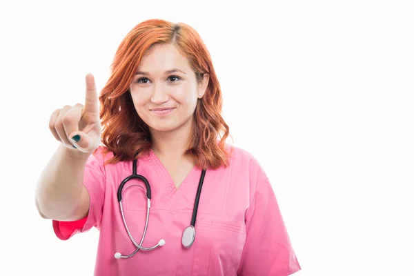 Portrait Young Female Doctor Stethoscope Using Invisible Touchscreen Isolated White — Stock Photo, Image