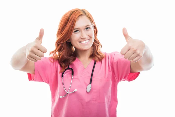 Portrait Young Female Doctor Stethoscope Showing Double Thumb Gesture Isolated — Stock Photo, Image