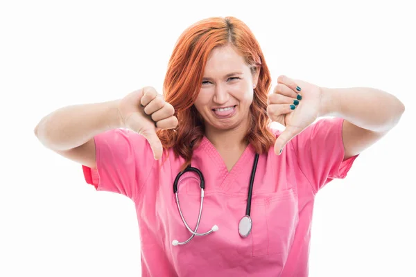Portrait Young Female Doctor Stethoscope Showing Double Thumb Gesture Isolated — Stock Photo, Image