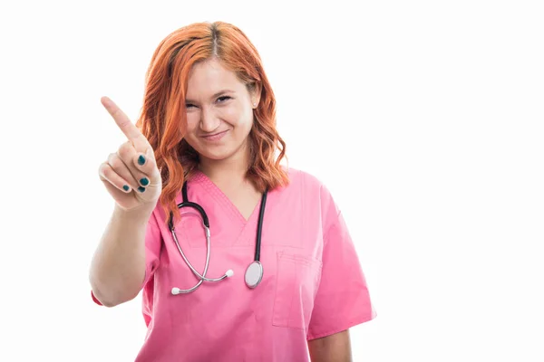 Portrait Young Female Doctor Stethoscope Waving Finger Gesture Isolated White — Stock Photo, Image