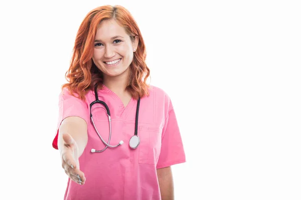 Retrato Una Joven Doctora Con Estetoscopio Que Ofrece Gesto Apretón —  Fotos de Stock