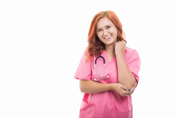 Portrait Young Female Doctor Stethoscope Showing Elbow Pain Gesture Isolated — Stock Photo, Image