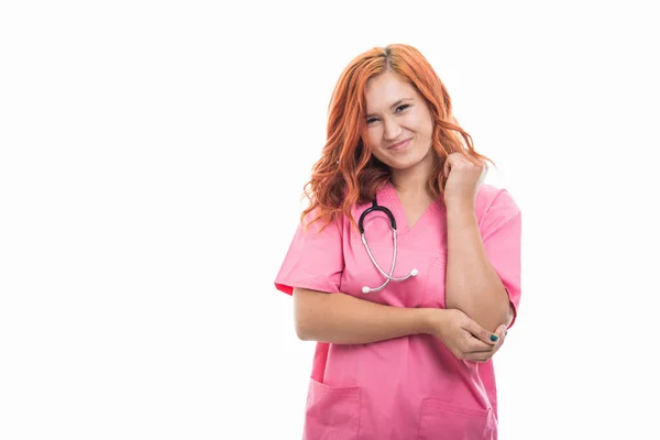Retrato Una Joven Doctora Con Estetoscopio Que Muestra Gesto Dolor —  Fotos de Stock