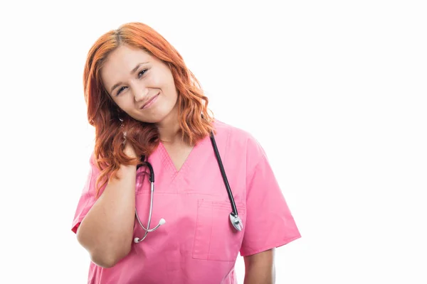 Retrato Una Joven Doctora Con Estetoscopio Que Muestra Gesto Dolor —  Fotos de Stock