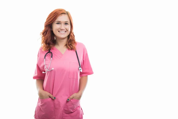 Portrait Young Female Doctor Stethoscope Standing Hands His Pokets Isolated — Stock Photo, Image