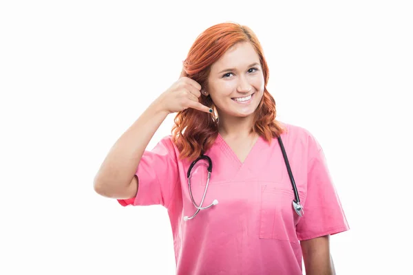 Portrait Young Female Doctor Stethoscope Showing Call Gesture Isolated White — Stock Photo, Image