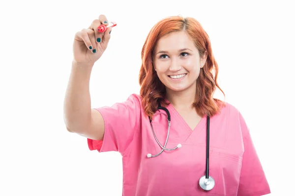 Portrait Young Female Doctor Stethoscope Writing Red Marker Isolated White — Stock Photo, Image