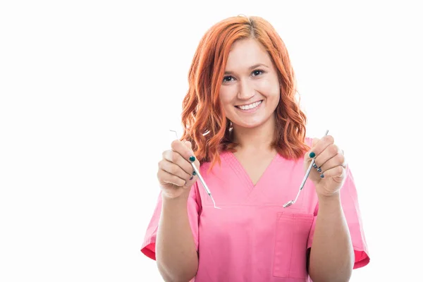 Portrait Young Female Stomatologist Holding Medical Instruments Isolated White Background — Stock Photo, Image