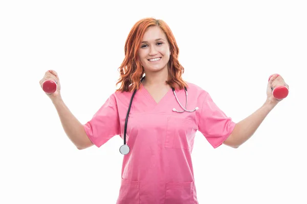 Portrait Young Female Doctor Stethoscope Holding Red Dumbbells Isolated White — Stock Photo, Image