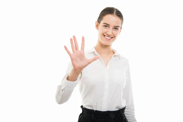 Portrait Young Pretty Bussines Woman Showing Number Five Fingers Isolated — Stock Photo, Image