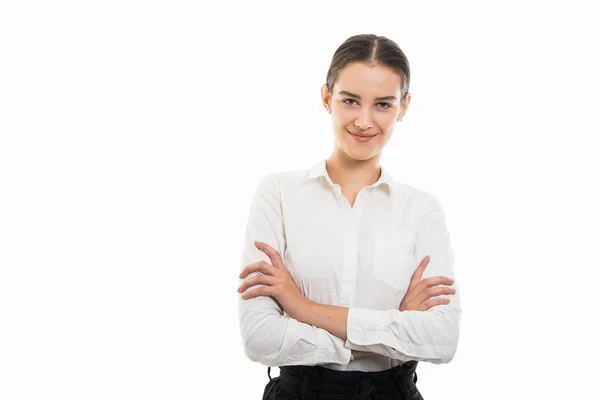 Retrato Una Joven Mujer Negocios Bonita Pie Con Los Brazos —  Fotos de Stock