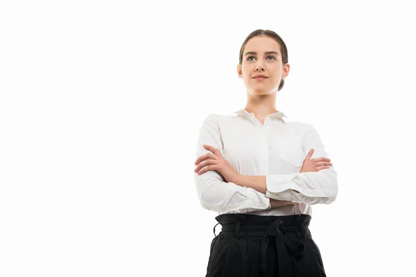 Low Angle Young Pretty Bussines Woman Standing Arms Crossed Isolated — Stock Photo, Image