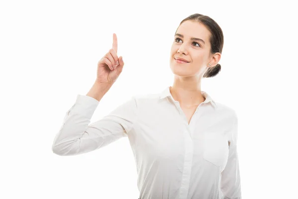若いかなりタマンをポインティング指を女性の肖像ジェスチャー Copyspace 広告エリア ホワイト バック グラウンドの分離 — ストック写真