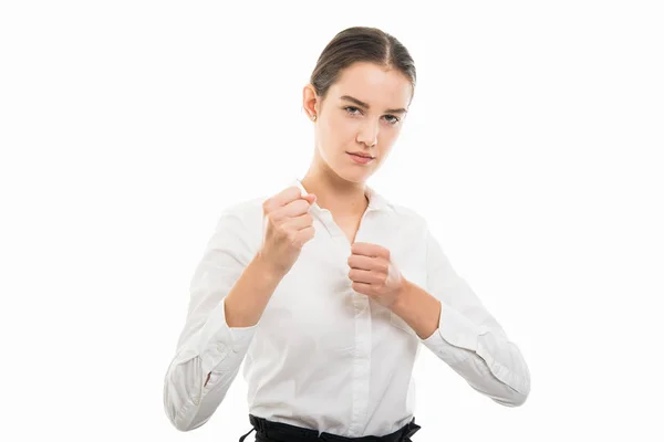 Portrait Young Pretty Bussines Woman Showing Angry Both Fists Gesture — Stock Photo, Image