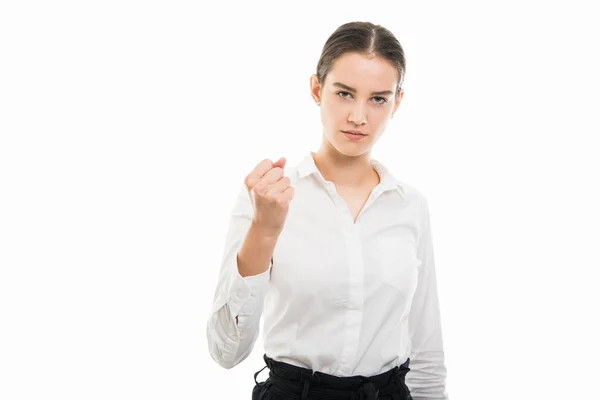 Portrait Young Pretty Bussines Woman Showing Angry Fist Gesture Isolated — Stock Photo, Image