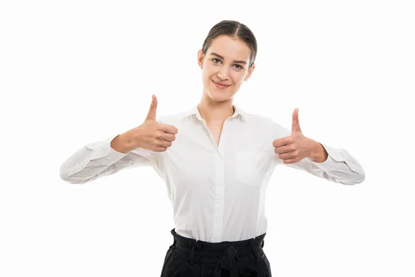 Portrait Young Pretty Bussines Woman Showing Double Thumb Gesture Isolated — Stock Photo, Image