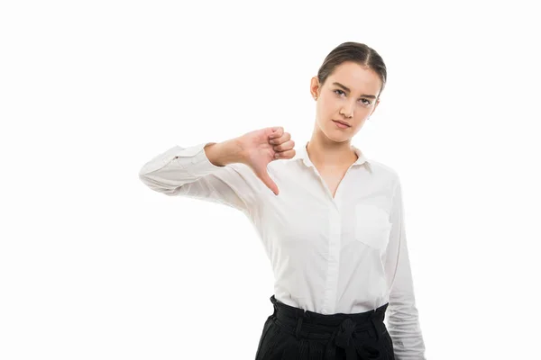 Portrait Young Pretty Bussines Woman Showing Thumb Gesture Isolated White — Stock Photo, Image