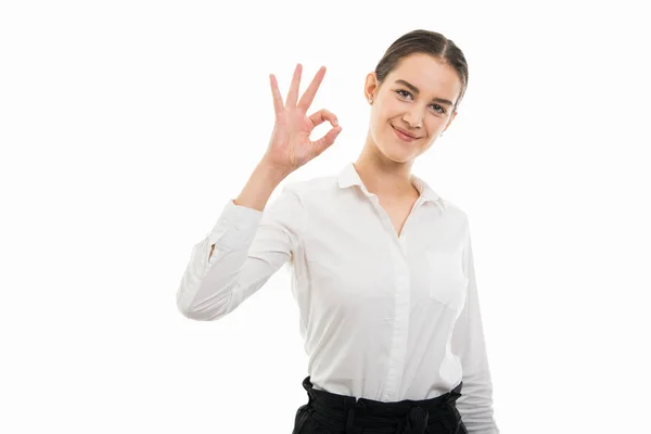 Retrato Jovem Bonita Bussines Mulher Mostrando Gesto Isolado Fundo Branco — Fotografia de Stock