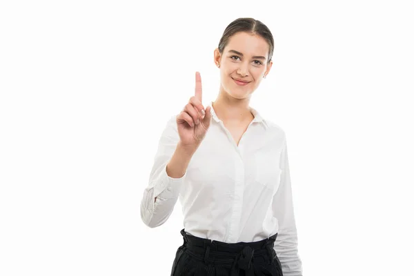 Retrato Jovem Bonita Bussines Mulher Mostrando Número Com Dedo Isolado — Fotografia de Stock