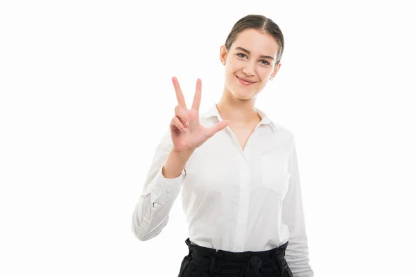 Retrato Jovem Bonita Bussines Mulher Mostrando Número Três Com Dedos — Fotografia de Stock