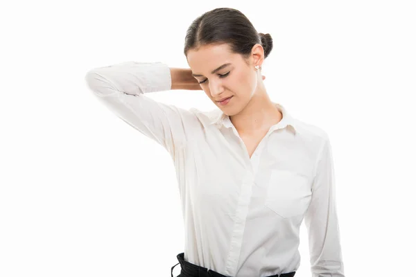 Portrait Young Pretty Business Woman Showing Neck Pain Gesture Isolated — Stock Photo, Image