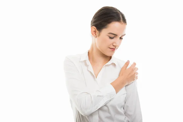 Portrait Young Pretty Business Woman Showing Shoulder Pain Gesture Isolated — Stock Photo, Image