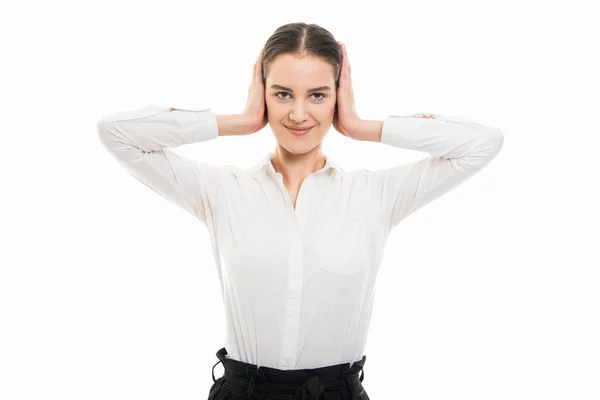 Portrait Young Pretty Business Woman Covering Ears Deaf Gesture Isolated — Stock Photo, Image