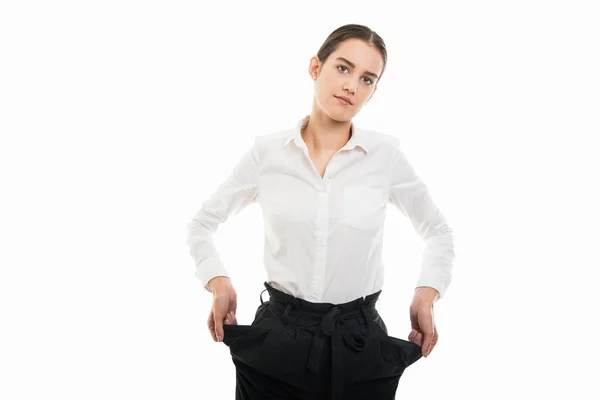 Portrait Young Pretty Business Woman Showing Empty Pockets Gesture Isolated — Stock Photo, Image