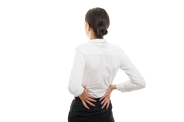 Back View Young Pretty Business Woman Showing Back Pain Gesture — Stock Photo, Image