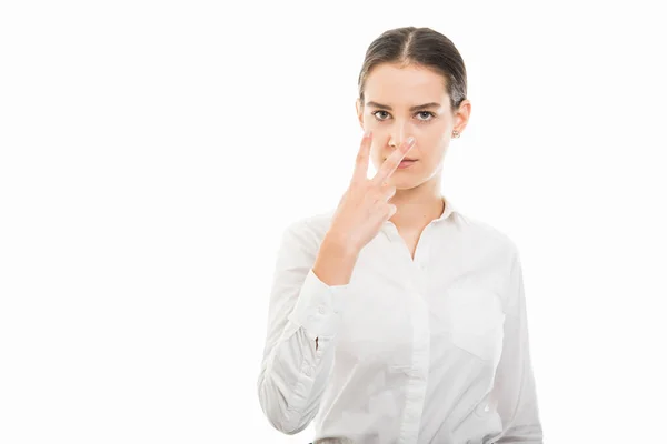 Portrait Young Pretty Business Woman Showing Look Eyes Gesture Isolated — Stock Photo, Image